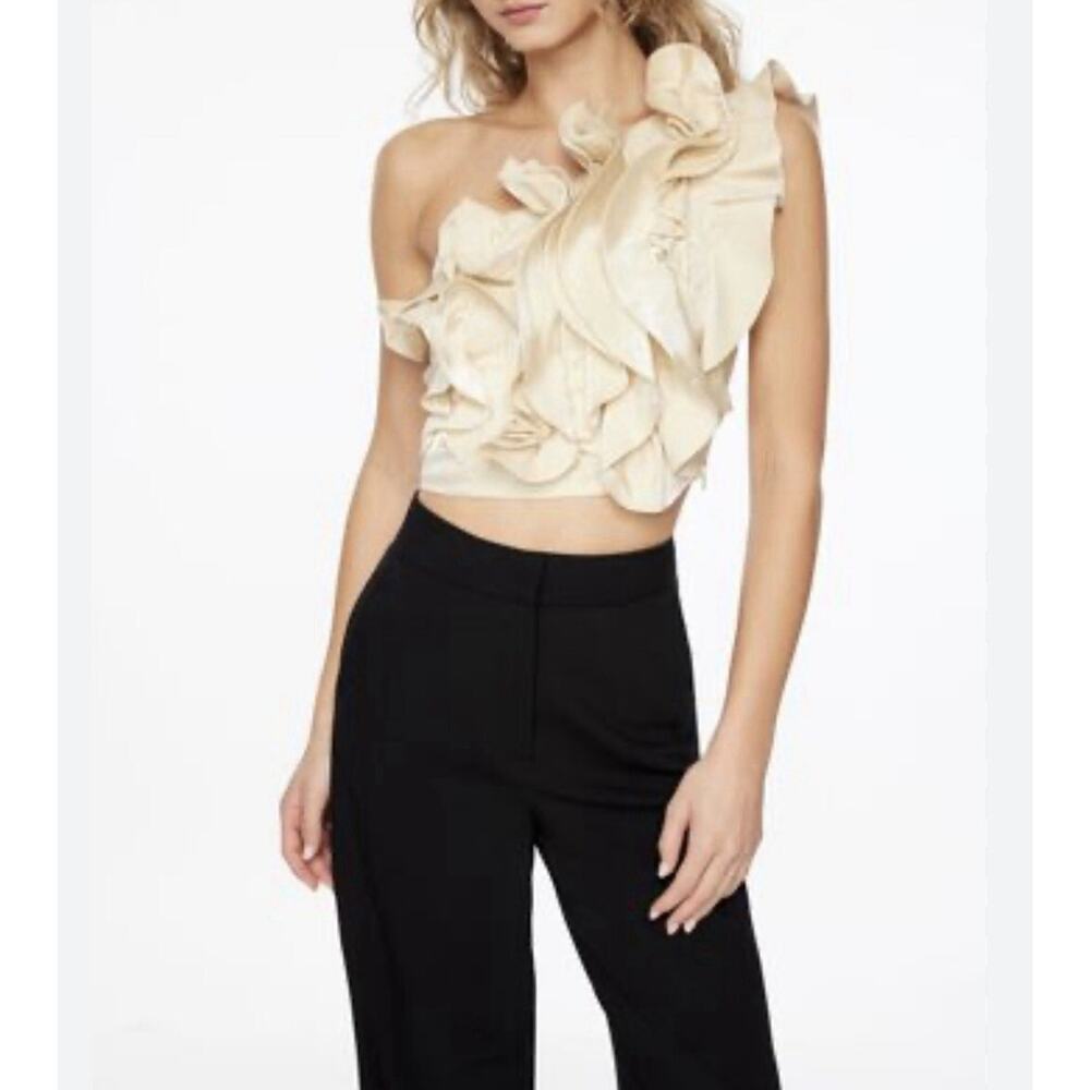 Dynamite women’s one shoulder statement ruffle crop top Sz. S champagne gold NWT